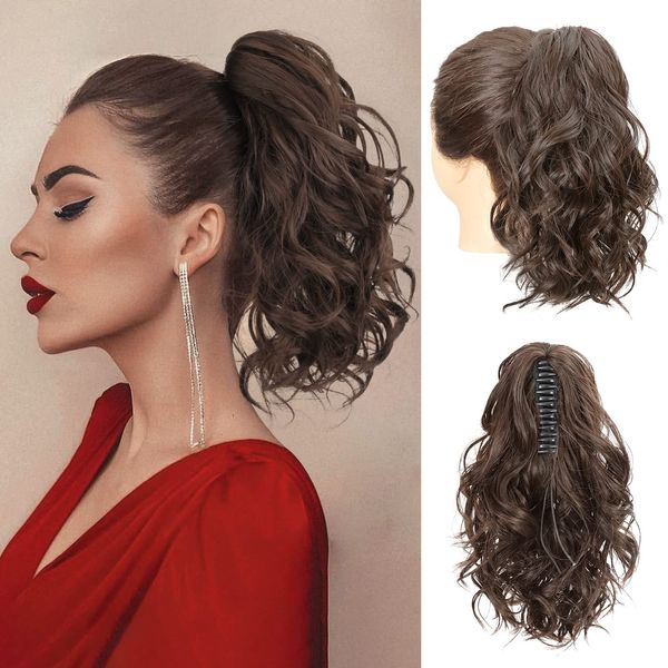 REECHO Ponytail Extension, Claw Clip in Ponytail Hair Extensions 10 Inch Short Curly Ponytail Natural Wavy Synthetic Hairpiece for Women – Dark Chocolate Brown