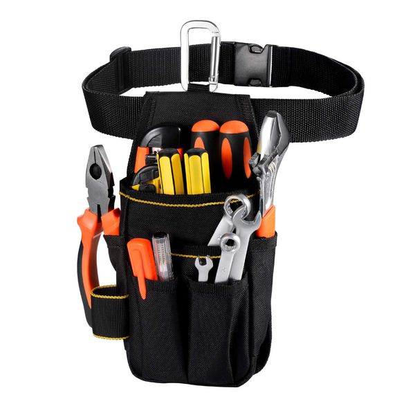 VOW&ZON Polyester Tool Holder, Waist Bag, Tool Bag, Small Item, Work Bag, Waist Bag, Carabiner Hook, Belt Included, Multi-functional Pocket, Compact Design, Black