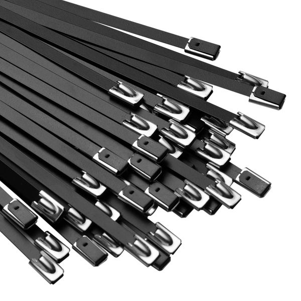 OFFO Black Stainless Steel Band, 100% SUS304 Stainless Steel Cable Ties 0.18 x 11.8 inches (4.6 x 300 mm) (Set of 30), For Outdoor Use, Heat Resistant, UV Resistant, Weather Resistant, Chemical