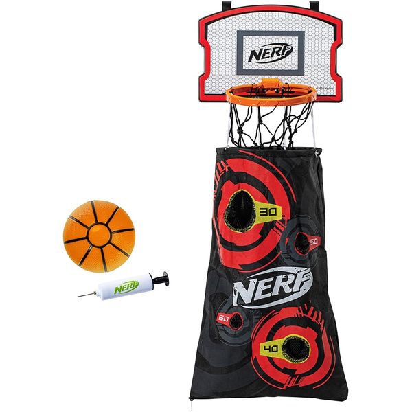 NERF Basketball Hoop Hamper - Laundry Layup Over the Door Basket + Shooting Target - Mini Hoop Hamper + Basketball Set