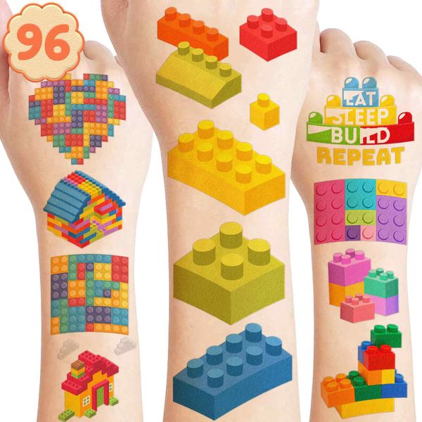 96PCS Building Block Temporary Tattoos Birthday Party Supplies Decorations Tattoos Stickers Super Cute Party Favors Kids Girls Boys Gifts Classroom School Prizes Rewards Themed