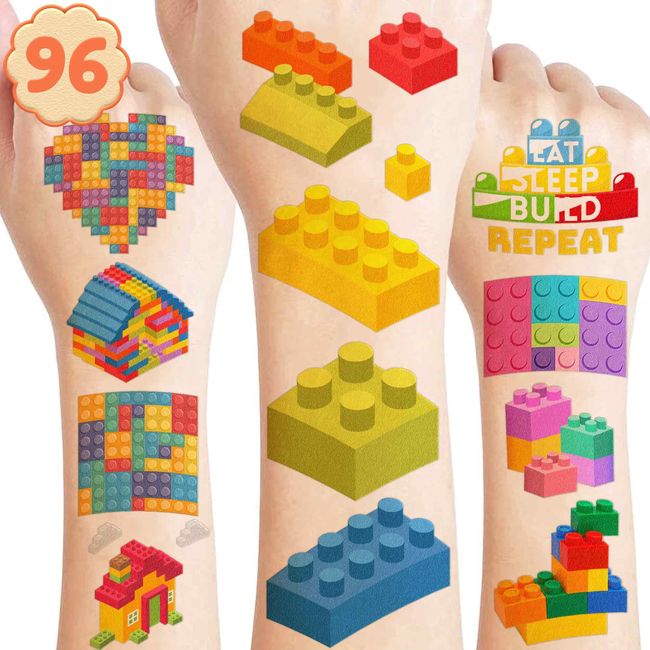 96PCS Building Block Temporary Tattoos Birthday Party Supplies Decorations Tattoos Stickers Super Cute Party Favors Kids Girls Boys Gifts Classroom School Prizes Rewards Themed