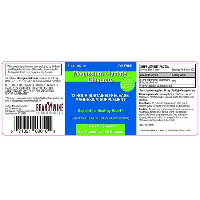 Magnesium L-lactate Dihydrate Dietary Supplement Caplets Dye Free 100 Ct 2 Pack