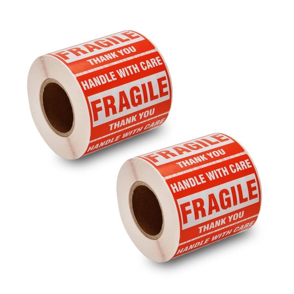 SJPACK 1000 Fragile Stickers 2 Rolls 2'' x 3'' Fragile - Handle with Care - Thank You Shipping Labels Stickers (500 Labels/Roll)