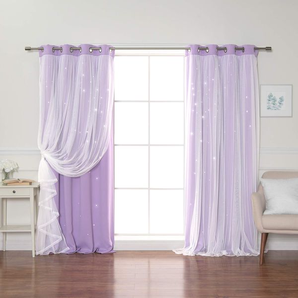 Best Home Fashion Set of 2 Tulle Overlay Star Cut Out Silver Grommet Curtains for Bedroom, Living Room, Kids Room, Sun Blocking Thermal Insulated Blackout Window Curtains (52" W x 84" L, Lavender)