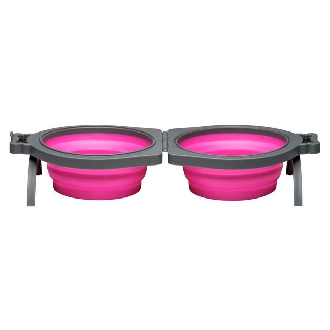 Loving Pets - Bella Roma Double Diner Portable Travel Dog Bowls Collapsible Combined Dog Food & Water Bowls (Pink, Small)