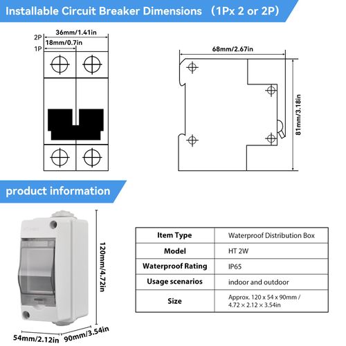IP65 ABS Distribution Protection Box,2 Way Waterproof Circuit Breaker Distribution Box 2 DIN Rail Outdoor Distribution Junction Box for Indoor Outdoor Wall Circuit Breake