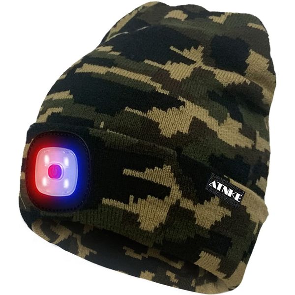 ATNKE LED Lighted Beanie Cap,USB Rechargeable 4 LED Red and Blue Glow Flashing Running Headlamp Hat Winter Warm Gifts for Men and Women/Camouflage Green