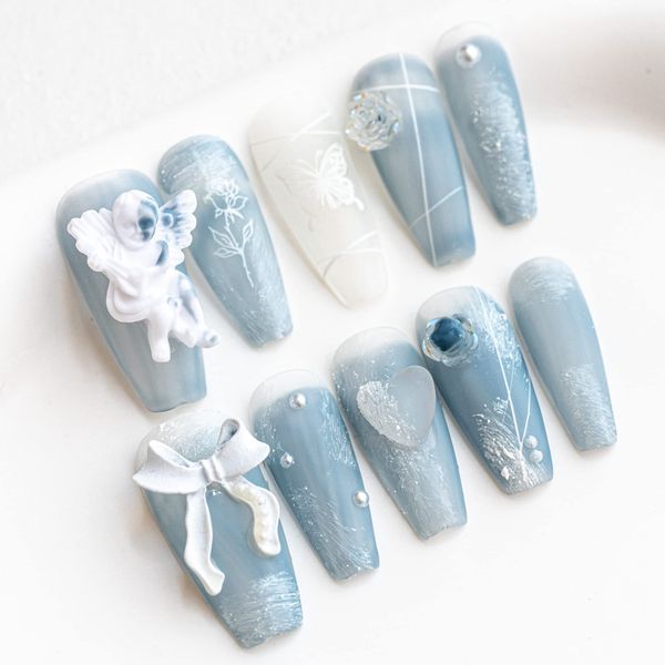 Sun&Beam Nails Handmade Nail Tips, Medium, Long, Ballerina, Green, Butterfly, Flowers, Popular, 3D, Stylish, Cute, Design, False Nails, Storage Box Included, Pack of 10 (S, 08, Angel/Blue)