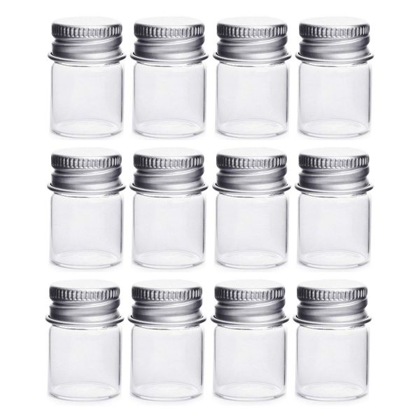 12PCS Empty Clear Travel Portable Glass Wish Bottles with Silver Aluminum Cap Essential Oil Powders Cream Ointments Grease Storage Container Jars Cosmetic Makeup Sample Packing Holder(5ml/0.17oz)