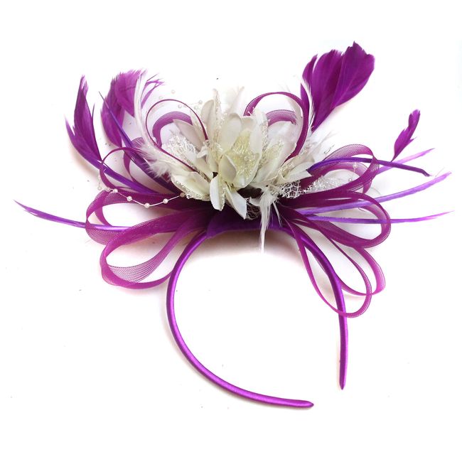 Caprilite Fashion Plum Magenta and Cream Ivory Turquoise Feather Hair Fascinator Headband Wedding Royal Ascot Races Ladies