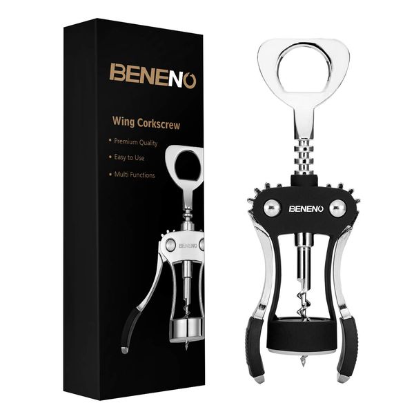 Wine Bottle Openers, BENENO Zinc Alloy Premium Wing Corkscrew Wine Opener with Multifunctional Corks and Caps Bottle Opener, Black