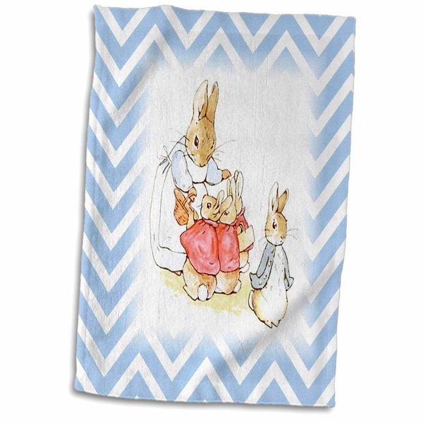 3dRose Image of Peter Rabbit Scene On Blue Chevron Stripes Towel, 15" x 22", White