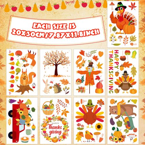 77 Pieces Fall Thanksgiving Wall Stickers Maple Leaves Wall Decals Autumn Pumpkin Window Clings Orange Truck Turkey Squirrel Wall Art Decor for Thanksgiving Fall Party Home Office Decoration