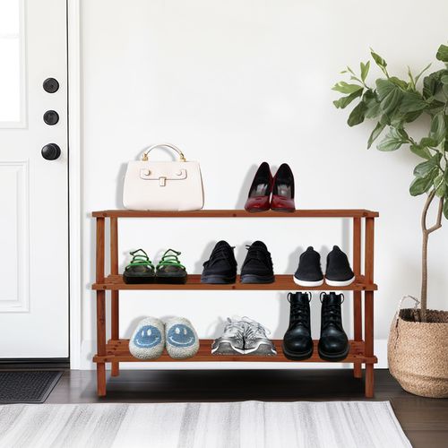 Wooden Shoe Rack - Footwear Storage Organiser Unit Shelf Dvd Books Tier Slated | Storage Stackable Organiser Multi-use - Easy To Assemble, Space Efficient, Hallway Front Door (Walnut Effect, 3 Tier)