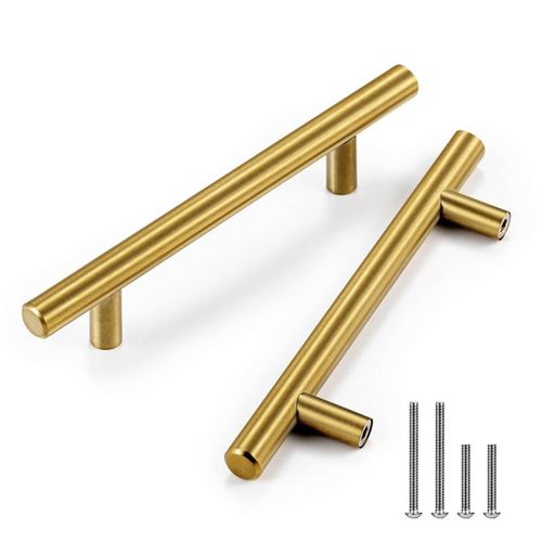 CZC HOME 10 Pack 6.4 Inch Cabinet Pulls Stainless Steel Drawer Handles, 4" Hole Center Drawer Pulls for Kitchen Dresser Cupboard with 2 Sizes Screws Brushed Brass