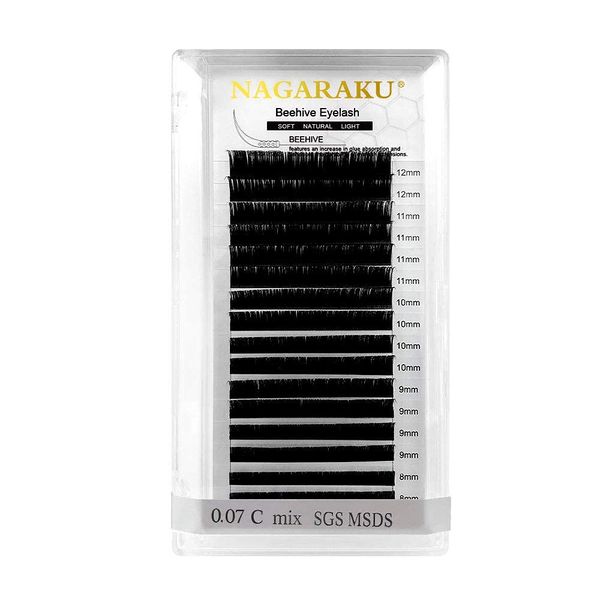 NAGARAKU Eyelash Extensions Individual Laser Beehive Volume Lash Supplies Honeycomb False Eyelashes at the Root Soft Light Classic 1:1 Lash Matte Black 16 Rows Beauty 0.07 D Curl 12mm