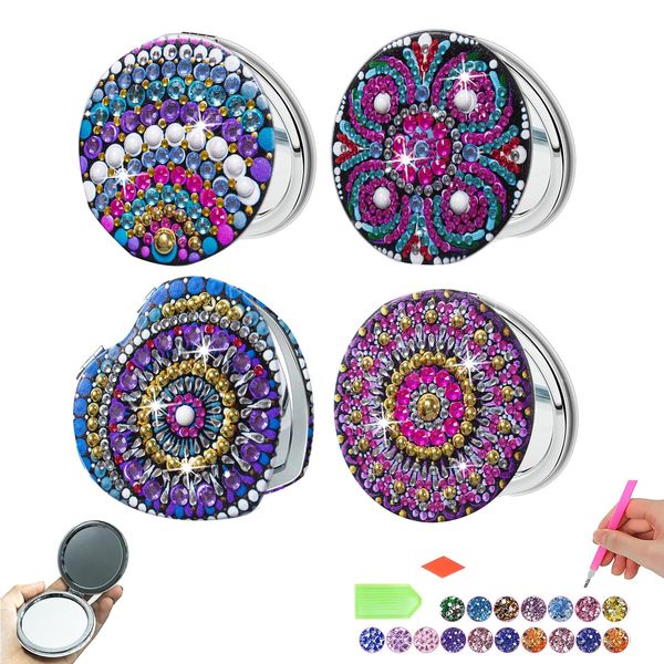 5D Diamond Art Painting Compact Mirror 4PC DIY Diamond Art Kits Magnifying Portable Travel Folding Pocket Mirror Crystal Art for Kids Crafts with Accessories Birthday Gifts for Women Girls Mandala