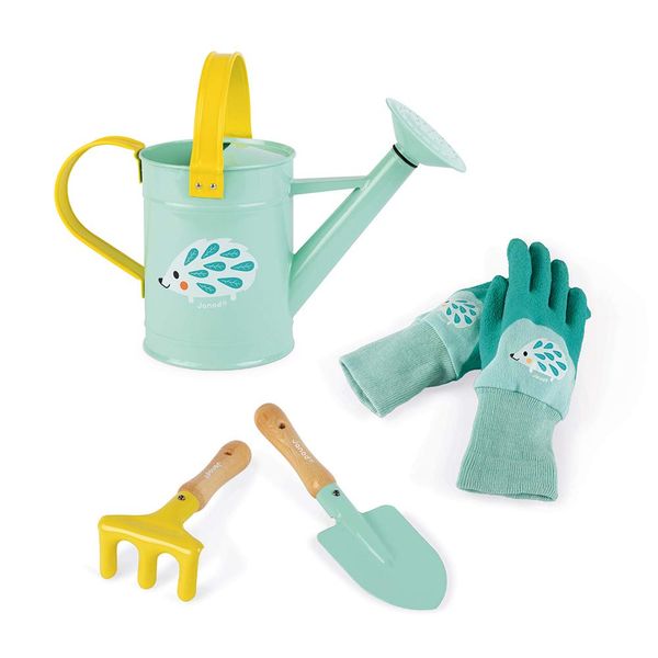 Janod Happy Garden - 5 Piece Sturdy Metal Gardening Playset with Watering Can, Rake, Trowel, and Fabric Gloves - Ages 3+ - J03187