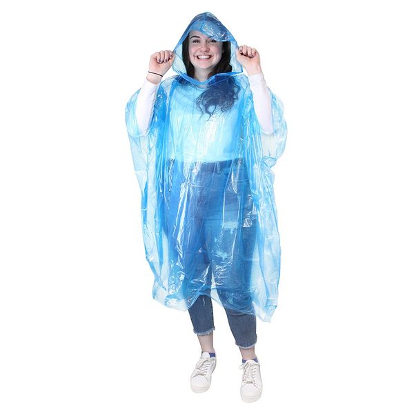 eBuyGB Pack of 4 Adult Emergency Waterproof Rain Ponchos with Hoods - Festivals Theme Parks (Blue)