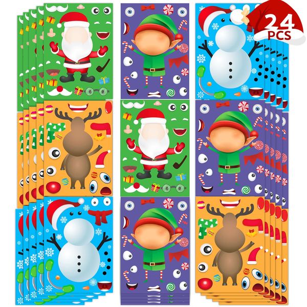 Happy Storm Christmas Crafts for Kids, 24 Sheets Make Your Own Santa Snowman Reinder Elf Christmas Face Stickers, Xmas Party Games Activities Favors Gifts for Boys Girls, Christmas Goodie Bag Stuffers