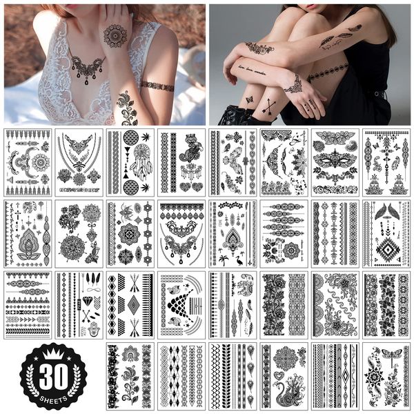 Temporäre Tattoos für Frauen, CAYUDEN 30 Blatt Wasserdicht Temporäre Tattoos Mädchen Frauen Papier Temporäre Tattoo Kit Fake Tattoos Sexy Spitzen Tattoos Frauen Arm Hals Gesicht Bein Tattoo Aufkleber