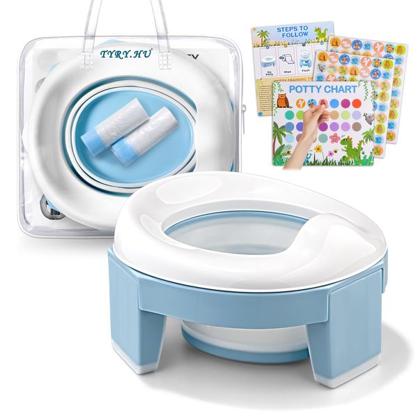 Travel Potty Training Toilet Chairs 3-in-1 Toddler Potty Seat Portable Foldable WC Trainer Ring Seats Detachable Reusable Liner Suitable for Boys Girls with Splash Guard Easy to Clean(Blue)