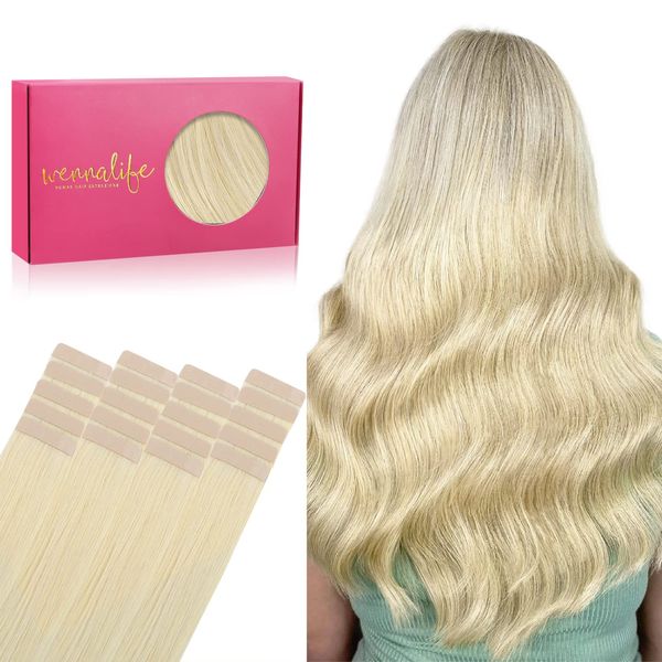 WENNALIFE Tape Extensions Echthaar, 20pcs 40g 30cm 12 Zoll Bleichblond Remy Invisible Tape Extensions Seidig Gerade Echthaar Extensions Skin Weft Tape Ins