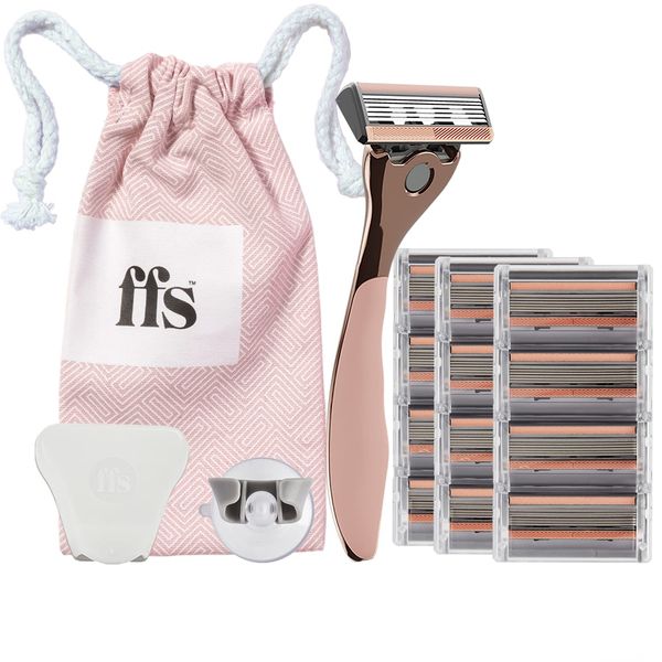 FFS Beauty Rose Shaving Set for Women 3-6 Month's Supply – Premium Rose Razor Handle, 12 SmoothGlide 6-Blade Cartridges, Shower Holder, Travel Pouch, Clamshell Protector