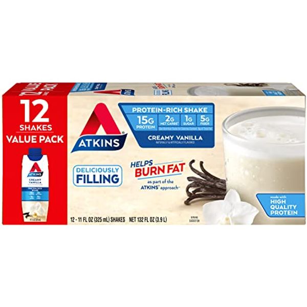 Atkins Creamy Vanilla Protein Shake, 15g Protein, Low Glycemic, 2g Net Carb, 1g Sugar, Keto Friendly, 12 Count