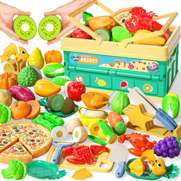 SMILESSKIDDO Play Food Sets for Kids Kitchen - Fake Food Toy Pretend Play Kitchen Accessories with Foldable Basket for Girls and Boys Ages 3-8, Best Cooking Toys Gifts for Christmas Birthday New Year