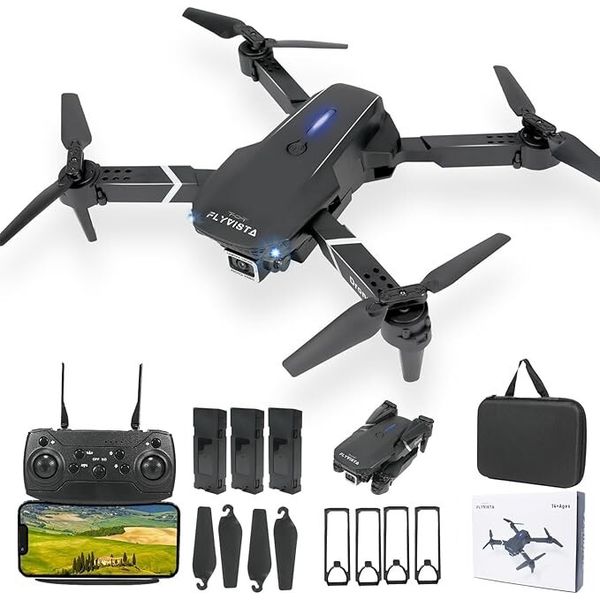 RC Drone with HD Dual Camera WiFi FPV Foldable Quadcopter + 3 Battery - Black