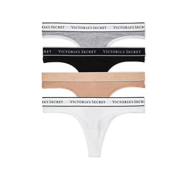 Victoria's Secret Cotton Logo Thong Panty Pack, Underwear for Women, 4 Pack, Multicolor (M)