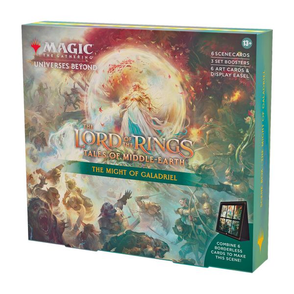 Magic: The Gathering The Lord of the Rings: Tales of Middle-earth Scene Box - The Might of Galadriel (6 Scene Cards, 6 Art Cards, 3 Set Boosters + Display Easel)