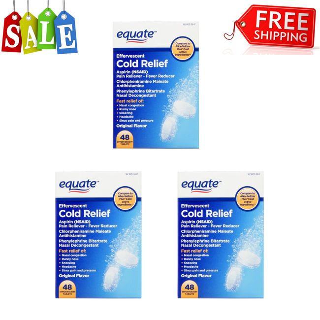 3 PK Equate Effervescent Cold Relief Tablets, 325 mg, 48 Ct Pain Fever Reduction