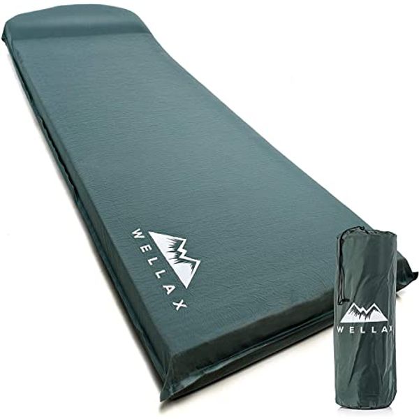 WELLAX Sleeping Pad - Foam Camping Mats, Fast Air Self-Inflating Insulated Durable Mattress for Backpacking, Traveling and Hiking - Ultrathick All-Weather Foam Pad with Build in Pillow (Green-3")