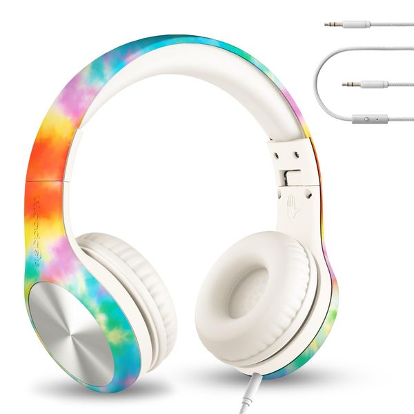 LilGadgets Connect+ Pro Girls Headphones for School - Designed with Kids' Comfort in Mind, Foldable Over-Ear Headset with in-line Microphone, Headphones for Kids for School, Tie Dye Rainbow