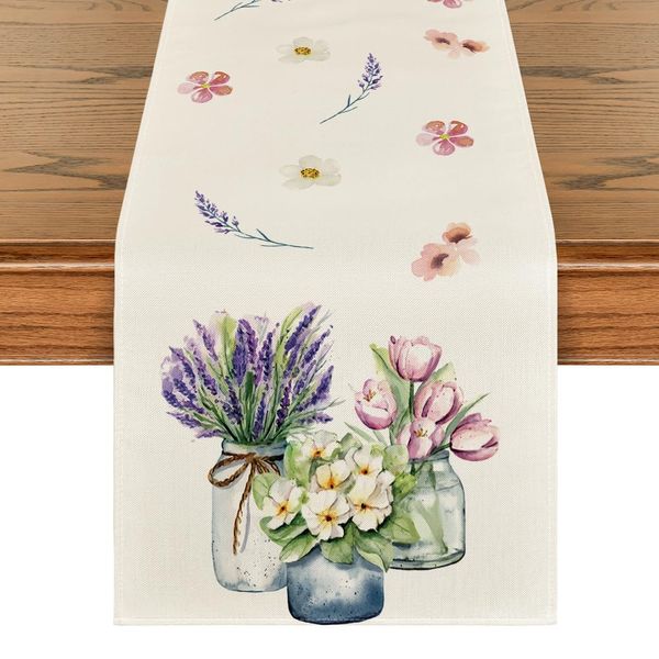 Artoid Mode Flowers Vase Tulip Lavender Spring Table Runner, Seasonal Summer Kitchen Dining Table Decoration Indoor Holiday Party Decor 40x140 cm