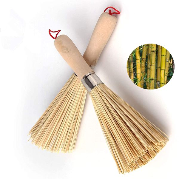 2Pack Traditional Natural Bamboo Wok Brushes, Kitchen Cleaning Brush, Bamboo Kitchen pan Brush, for Cleaning Dishes, Cast Iron Pots, Pans, Vegetables and Sink。