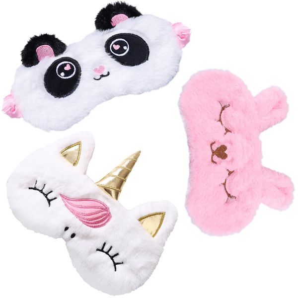 Mask for Sleeping Kids 3 Pack Cartoon Cute Soft Fluffy Sleeping Eye Masks 3D Natural Plush for Travel Super Soft Material Adjustable Universal Sleeping Aids for Kids Women Gift