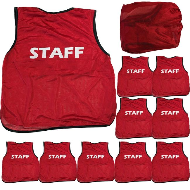 Fungoal Staff Bibs with Front and Rear Print, Set of 10, Storage Bag Included, Red, Free Adult, For Tournament Management and Event Staff