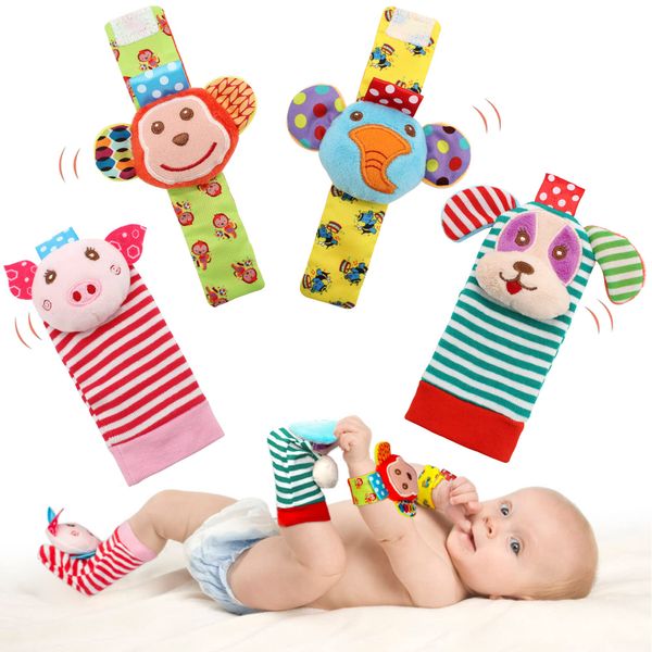 Soft Baby Toy, Wrist Rattle & Foot Finder Socks, Handheld Rattles and Rattle Socks, Foot Rattle Leg Rattle Ankel Rattle, Newborn Baby Rattle Toys for Infant Boy or Girl (4 PCS-A)