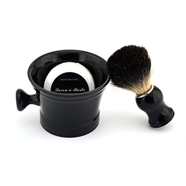 Ceramic Shaving Soap Bowl Kit for Men, Pure Badger Shaving Brush, Shaving Cream Soap, Wide Mouth, Ceramic Black Shaving Soap Bowl/Mug with Knob Handle…