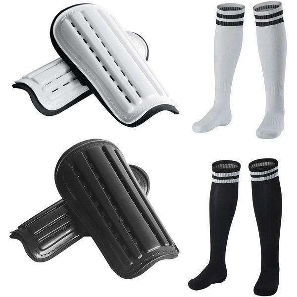 2 Pairs Soccer Shin Guards & 2 Pairs Soccer Socks for Adults and Teenagers, Protective Gear Soccer Equipment for Kids, Boys, Girls (Large Size, White & White)