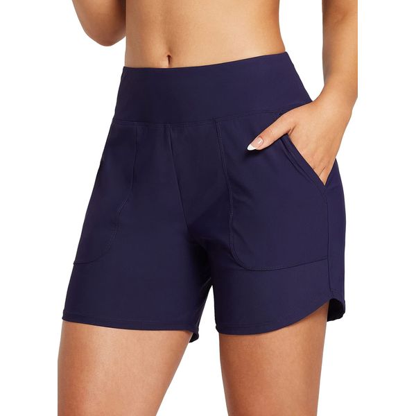 BALEAF Damen Badeshorts Bauchkontrolle UPF50+ Badehose Schnell Trocknend Schwimmhose Hohe Taille Boardshorts Schwimmunterteil mit Taschen Blau L