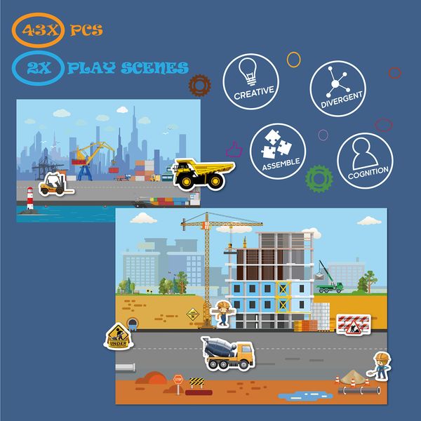 Magnetic Portable Playboard Construction Site Engineering Vehicles (44 Pcs)