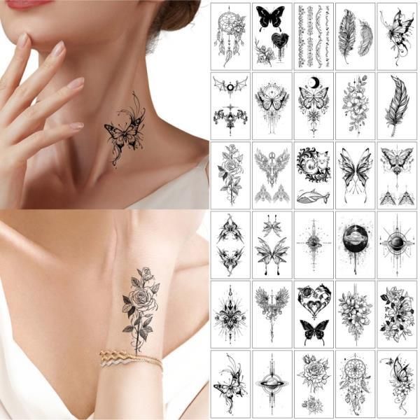 Waterproof Temporary Tattoo Dark Series Butterfly, Long Lasting Body Art Painting, Fake Sticker, Hand 30pcs/set