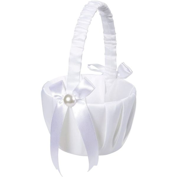 White Flower Girl Basket for Wedding Reception, Rose Petals, Satin Bowknot with Pearl Design (20.3 x 13.2 x 15.2 cm)