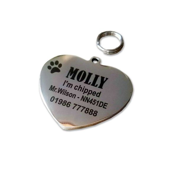 Personalised Dog pet ID tag heart shape  stainless steel laser engraved