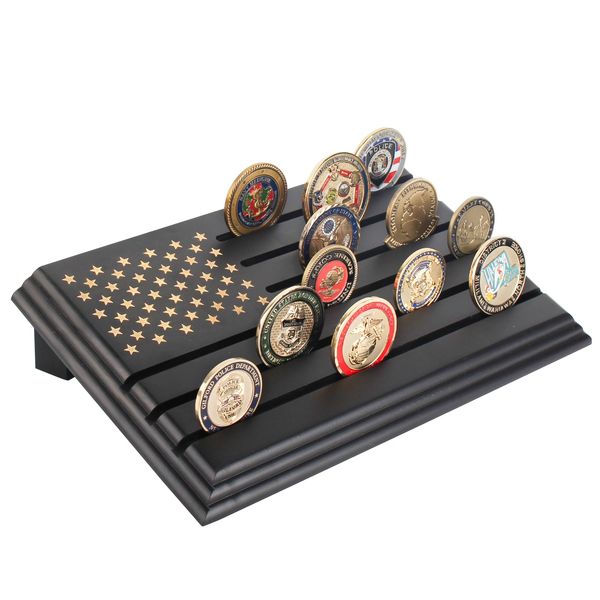 Samplife Challenge Coin Display , Military Coin Rack Holder Stand Shelves 6 Rows Holds 30-36 Coins, Wooden Army Collectible Solid Rack Case Holders Coin Stand American Flag